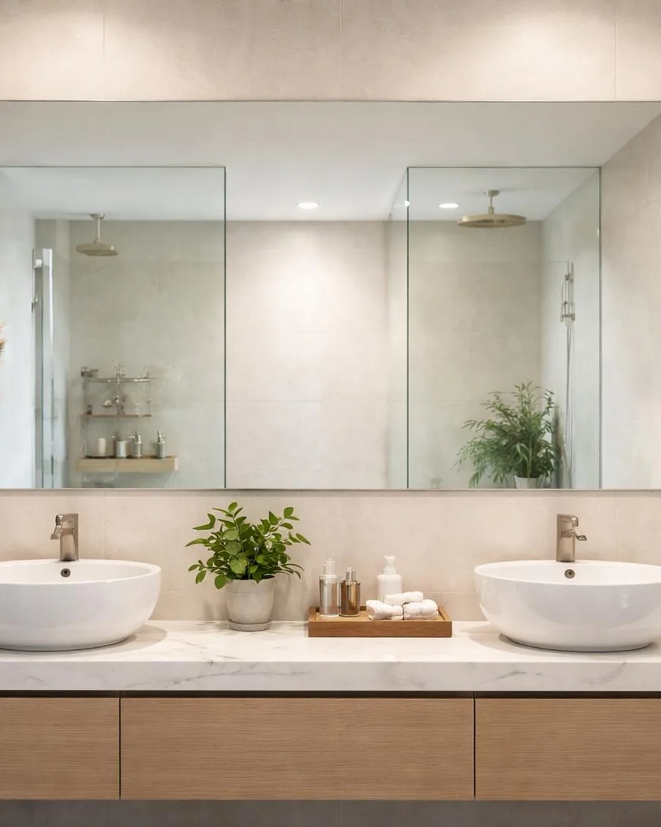 Wide wall mirror above a double bathroom vanity