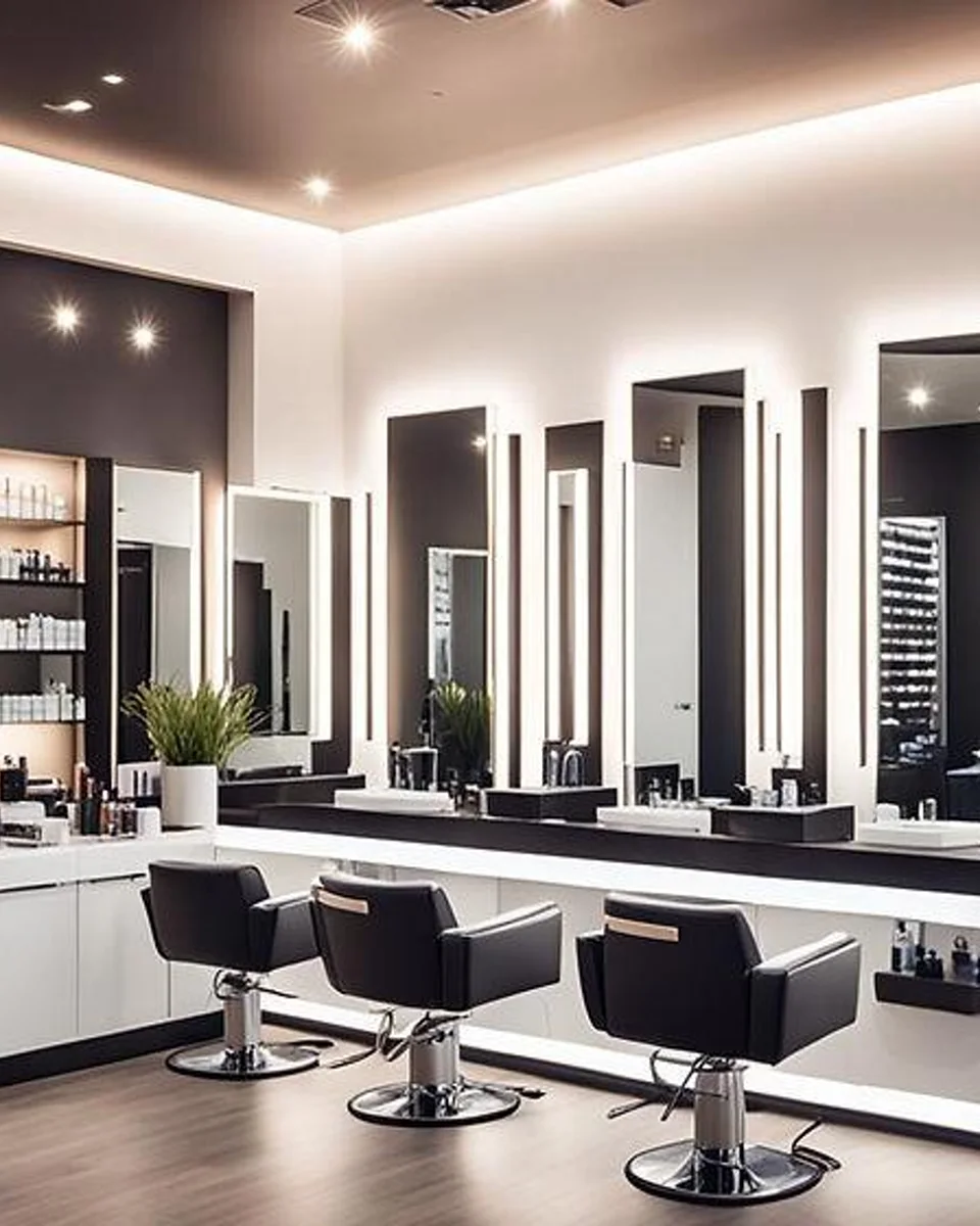 Multiple illuminated mirrors in a commercial salon interior