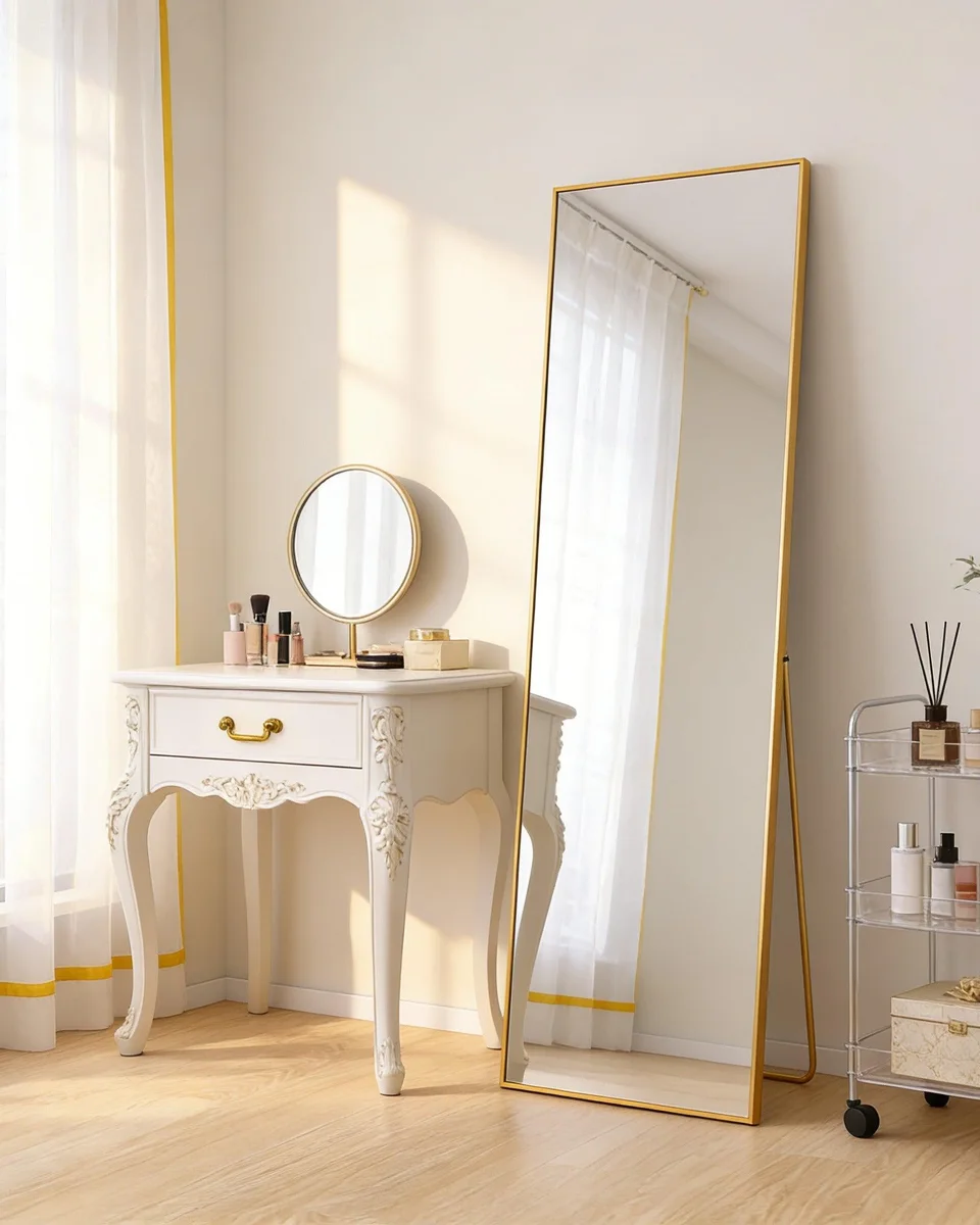 Tall custom-sized mirror beside a dressing table