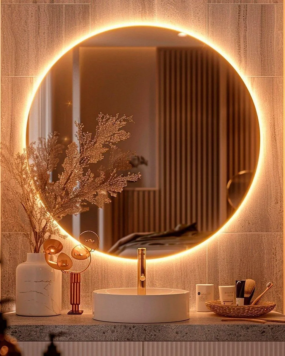 Round illuminated decorative mirror in a warm interior