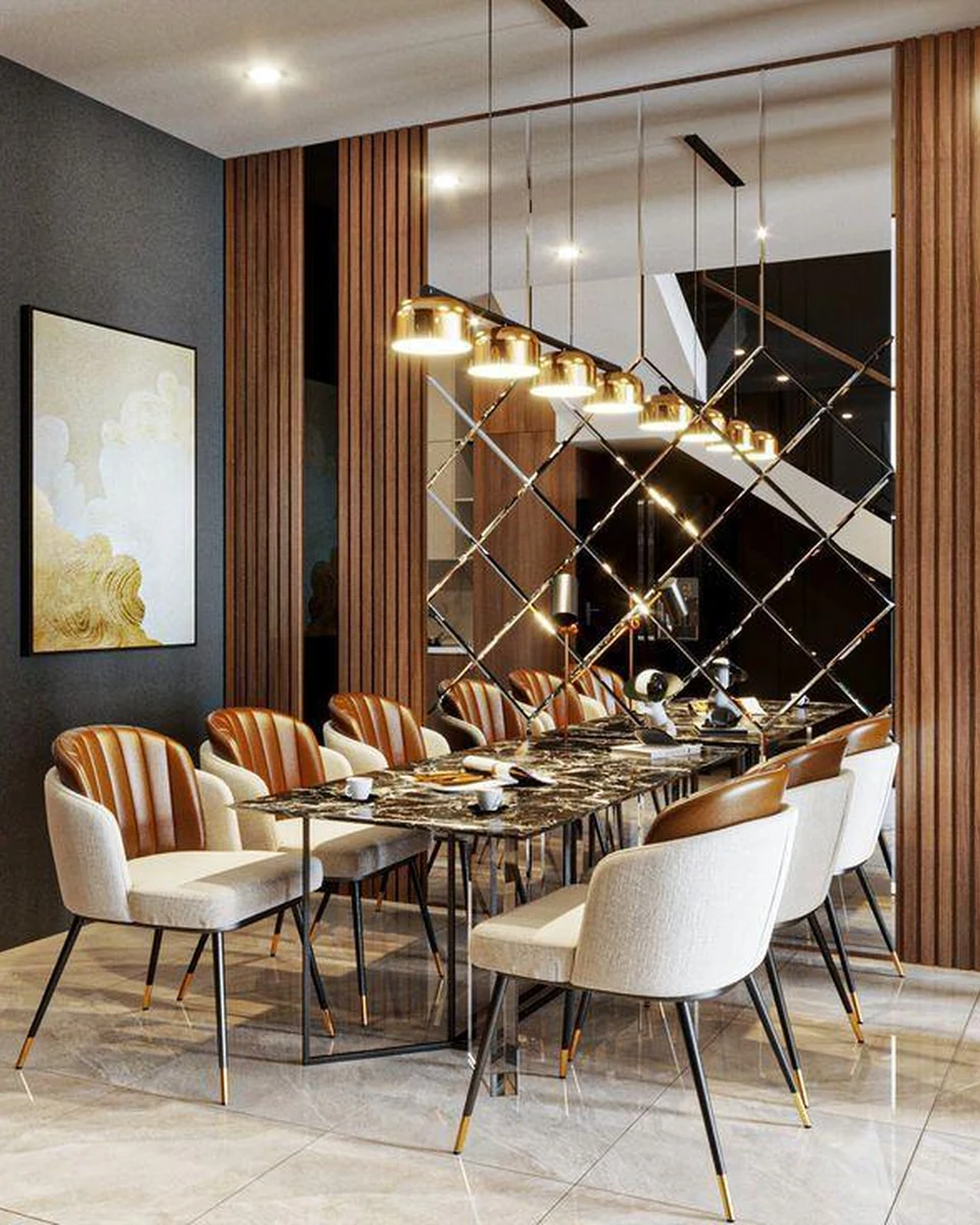Geometric decorative mirror feature wall in a modern interior