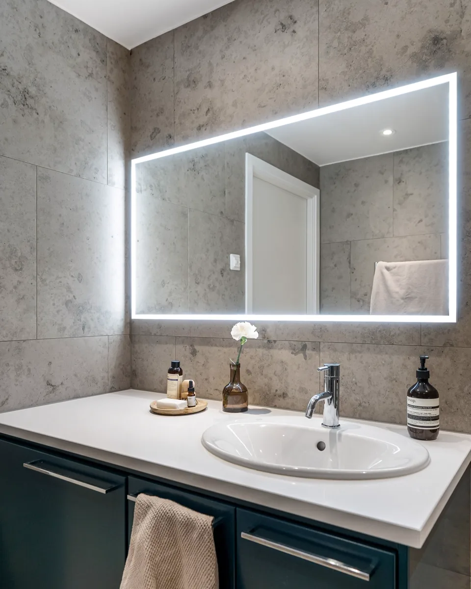Illuminated mirror above a modern bathroom vanity