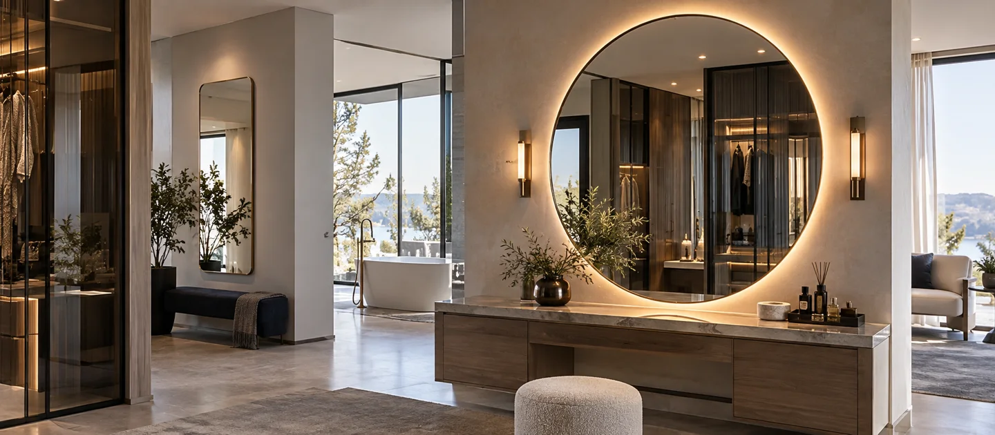Modern interior with an illuminated statement mirror