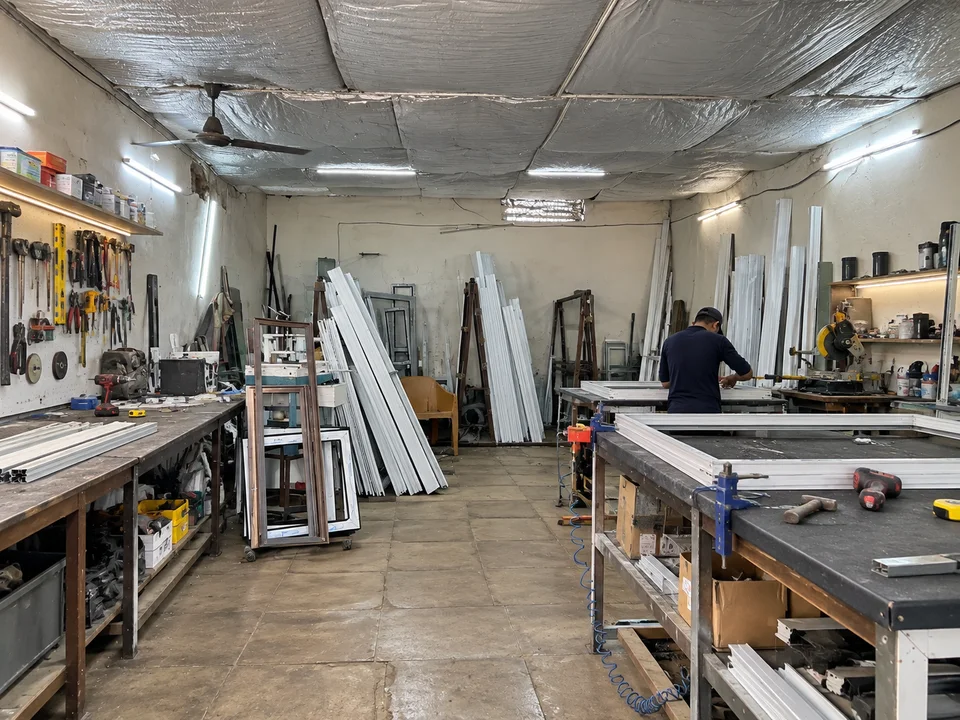 Worker assembling an aluminium frame from behind inside the Arista workshop